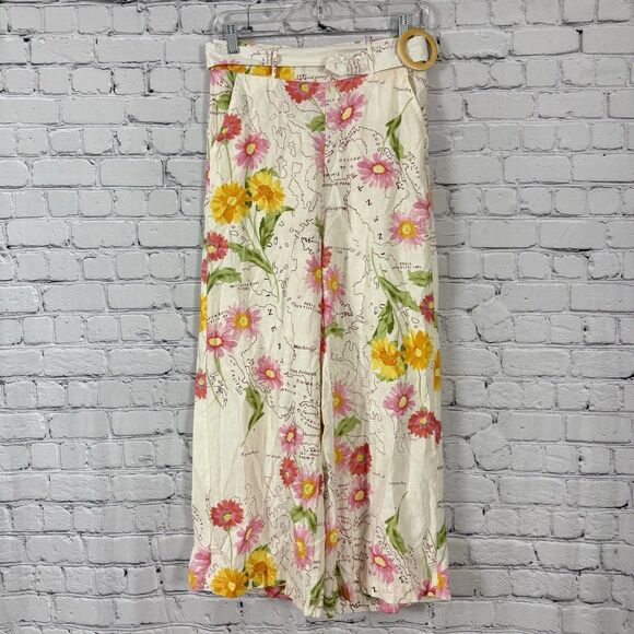 Calypso St Barth Linen Wide Leg High Waisted Pants Floral Map Print - Picture 1 of 14